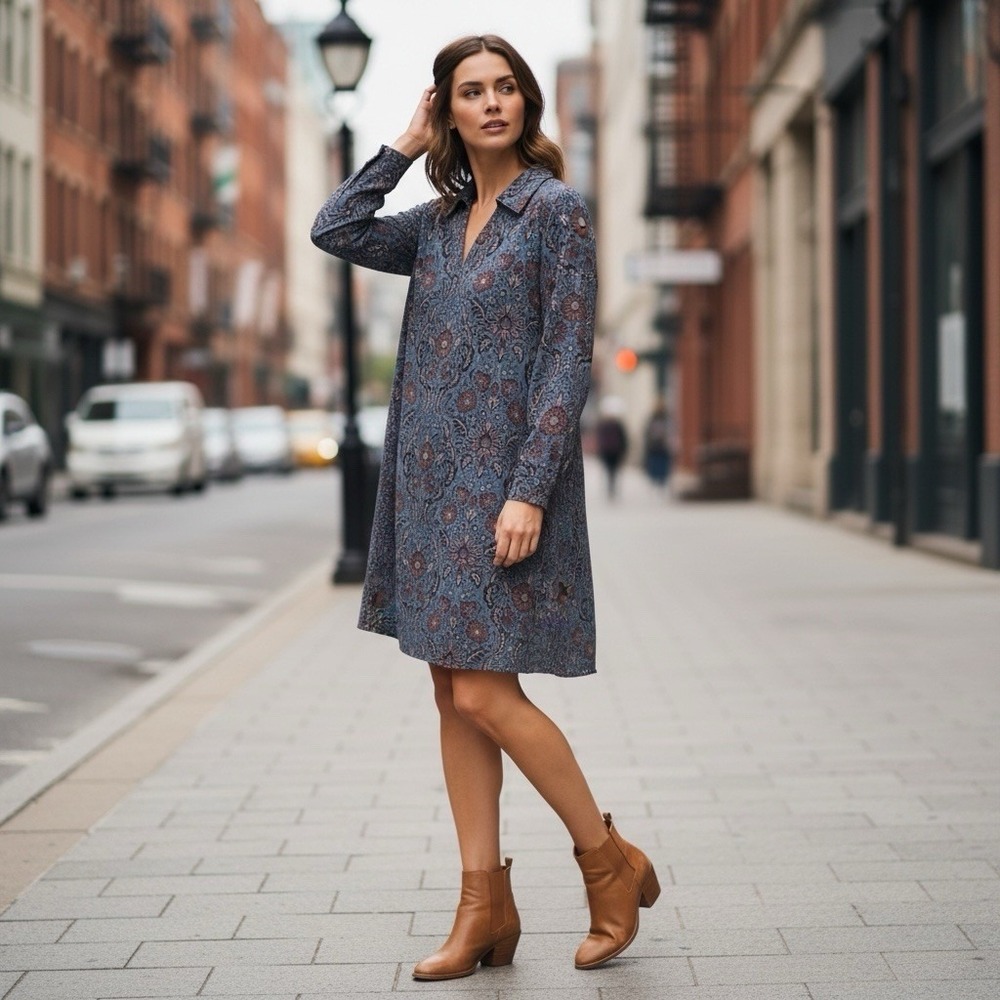 Cabi Shirt Dress Shift Provincial Paisley Med Long Sleeve Floral Blue Brown Boho